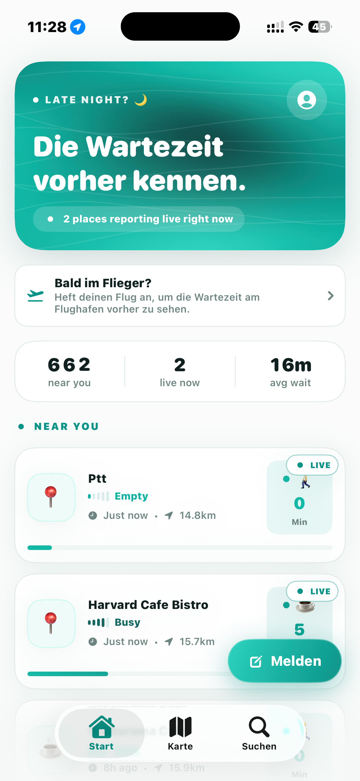 Der QueueBuddy-Startbildschirm mit Live-Wartezeiten für Orte in der Nähe