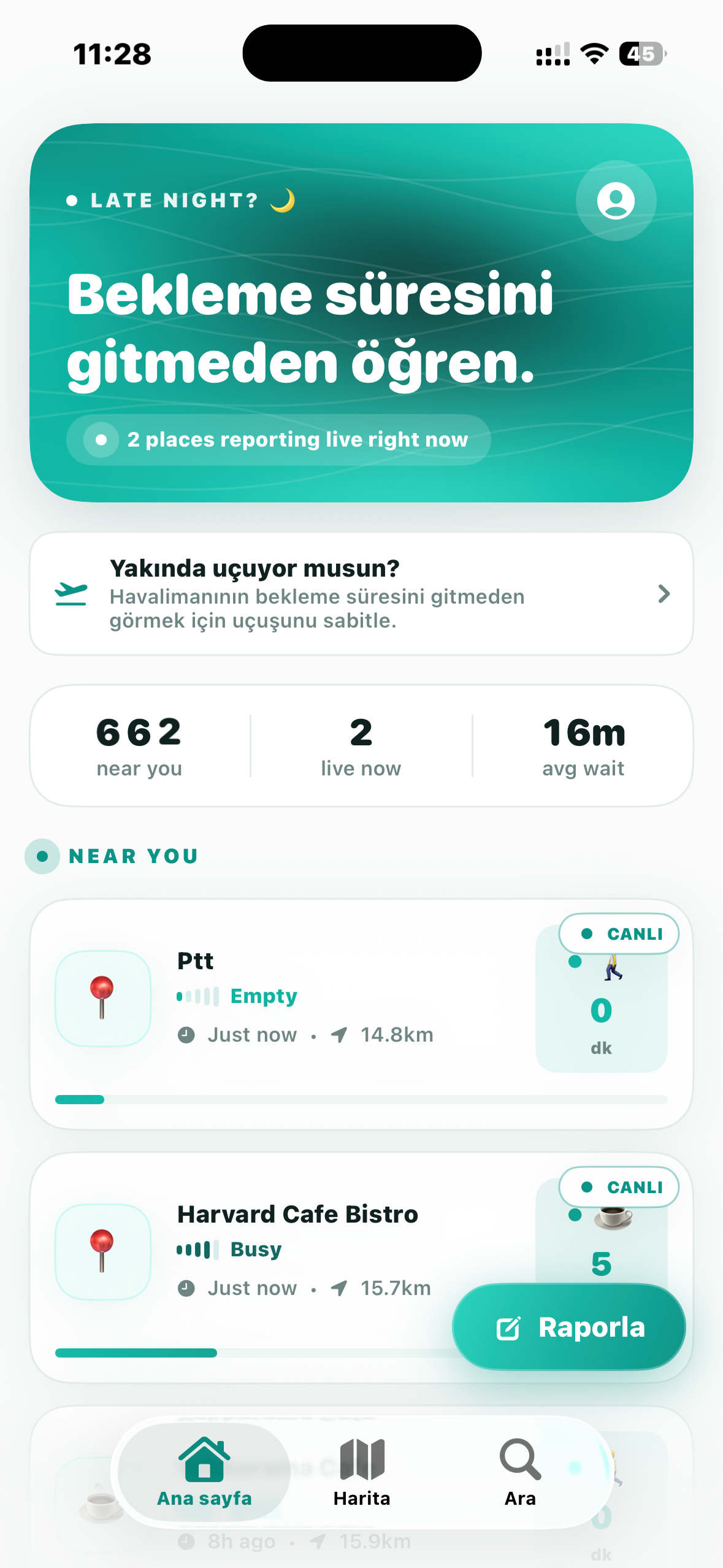 QueueBuddy ana ekranında yakındaki yerlerin canlı bekleme süreleri
